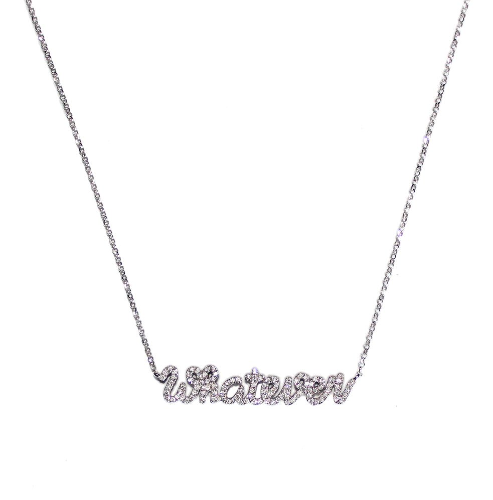 Necklaces - Tess Van Ghert - Necklace with the word 'whatever' in gold with diamonds overlain.