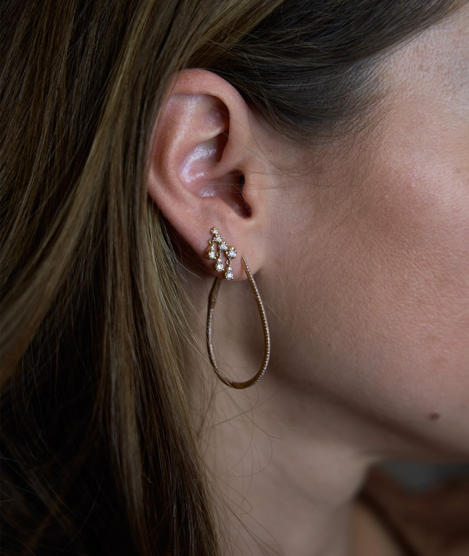 Rain Drop Diamond drop earrings on model- Gold and Diamond Earrings - Tess Van Ghert - 2
