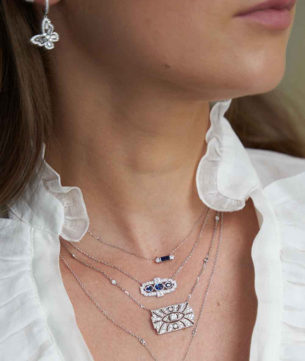 Sapphire Baguette &amp; Diamond Charm Necklace - Tess Van Ghert