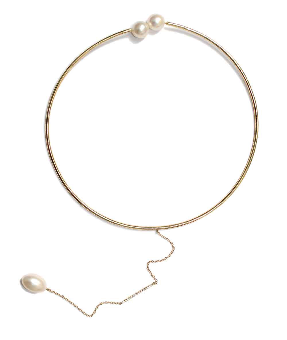 Gold and Pearl choker necklace with diamonds - Tess Van Ghert
